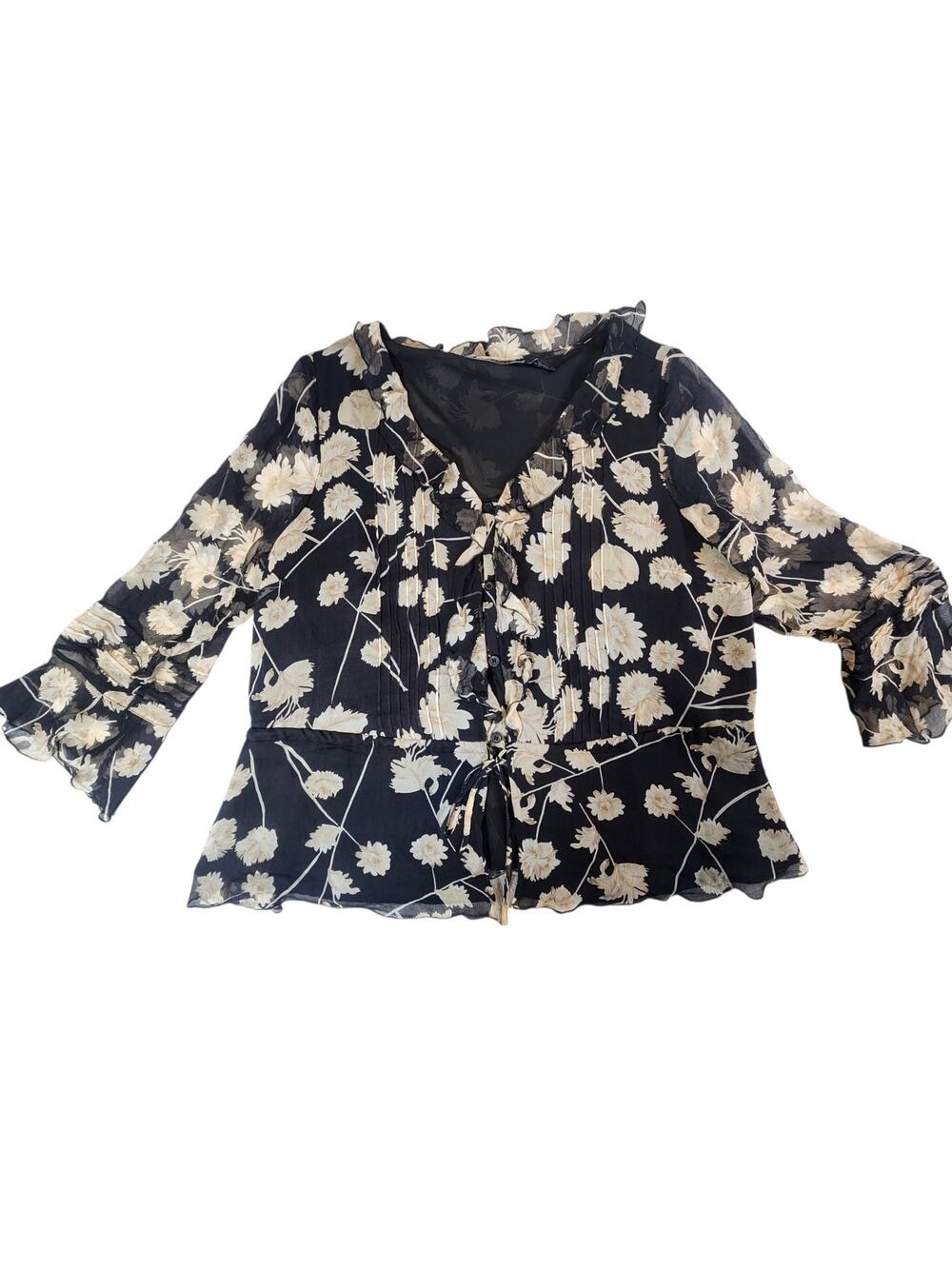 Separates NYC Design Co 100% Silk Floral Blouse Top XL Black Cream lined‎